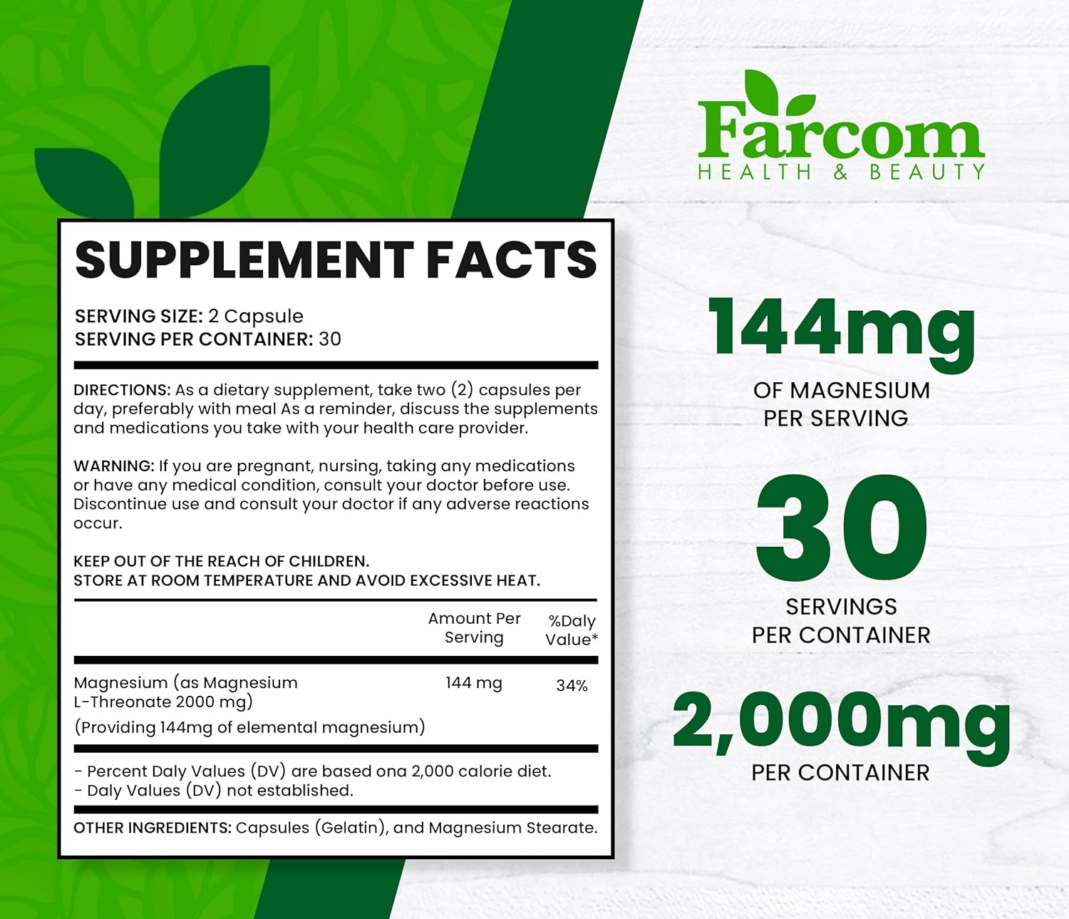 60 Farcom Magnesium L-Threonate Capsules for Memory Enhancement, Emotional Stability, and Neurological Health