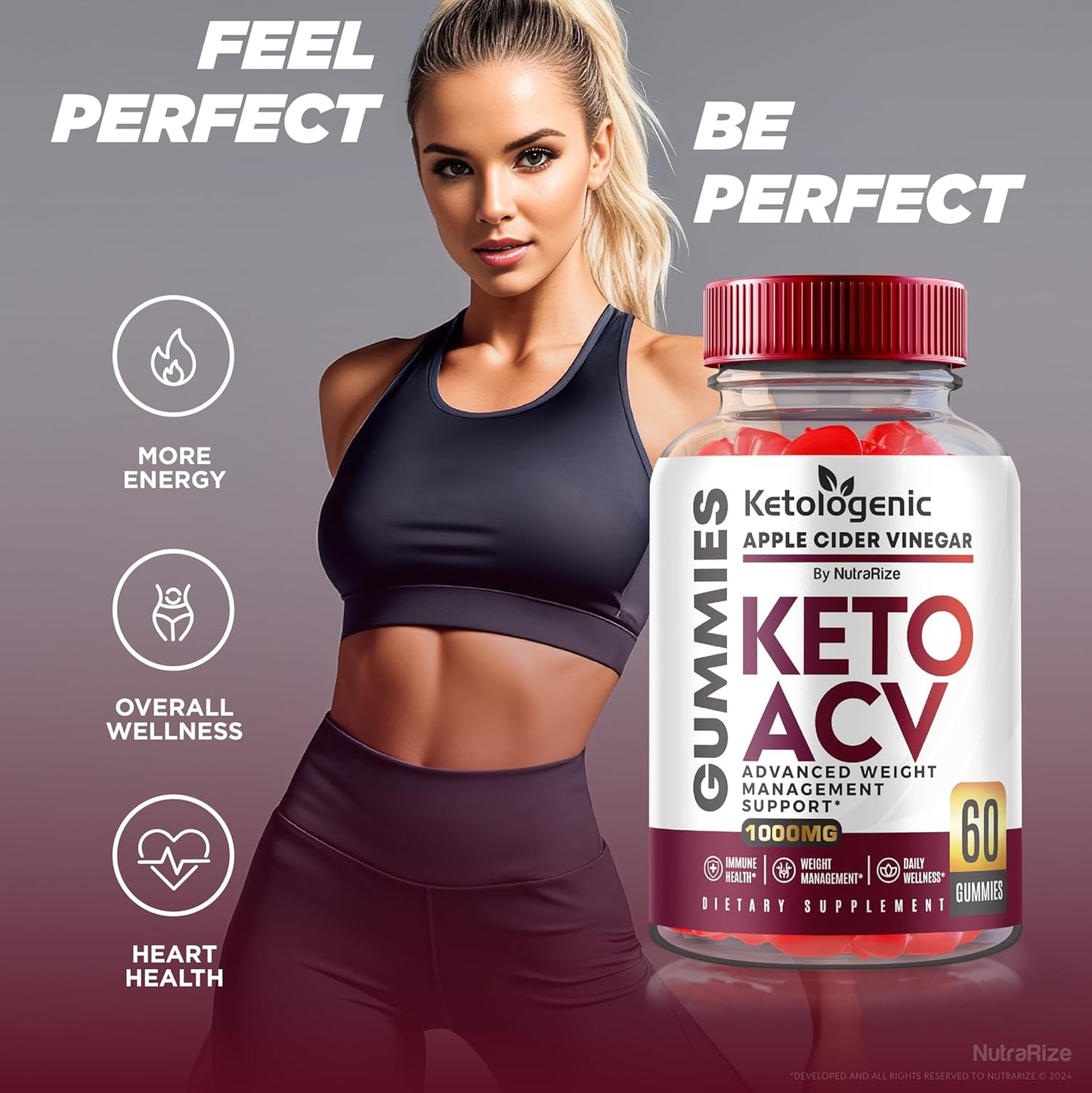 60 NutraRize Ketologenic Keto ACV Gummies for  Slimming Formula  & Detox - Apple Cider Vinegar Vitamin Supplement