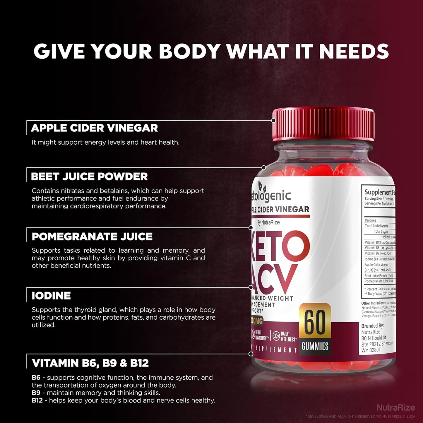 60 NutraRize Ketologenic Keto ACV Gummies for  Slimming Formula  & Detox - Apple Cider Vinegar Vitamin Supplement