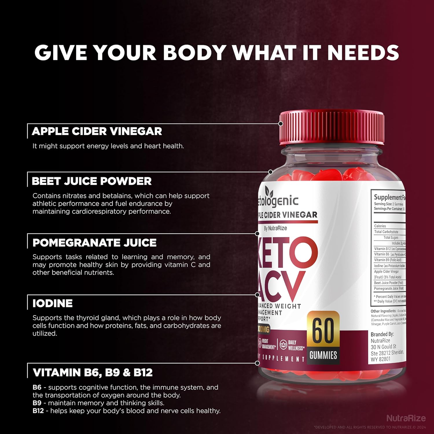 60 NutraRize Ketologenic Keto ACV Gummies for  Slimming Formula  & Detox - Apple Cider Vinegar Vitamin Supplement