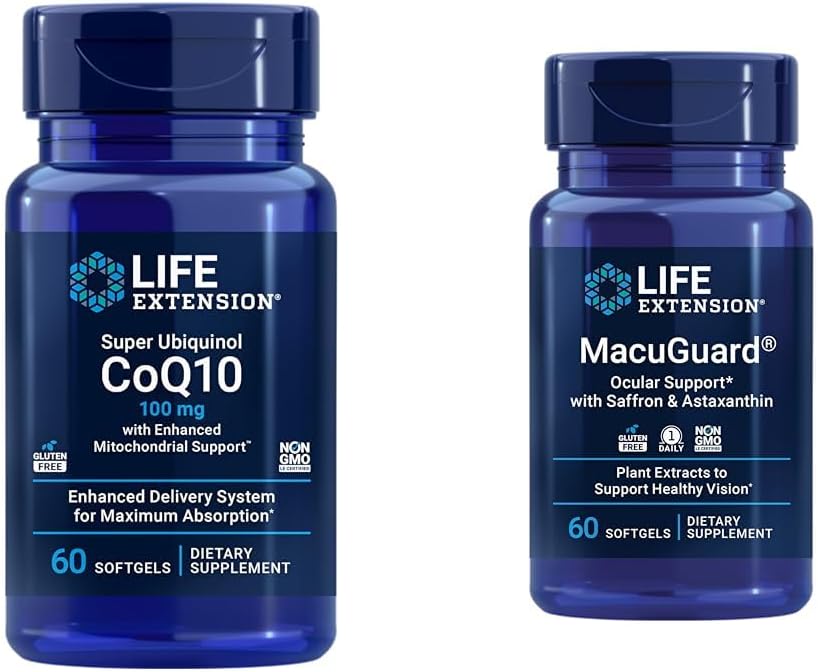 60 Softgels of Life Extension Super Ubiquinol CoQ10 for Heart Health & Cellular Energy + 60 Count Macuguard Ocular Support for Eye Health with Lutein, Zeaxanthin, Saffron, and Astaxanthin