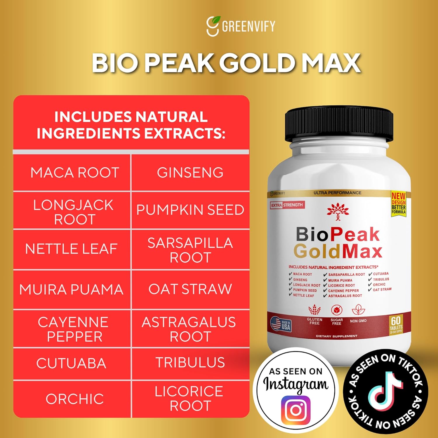 60 Tablet Greenvify BioPeak GoldMax Extra Strength Natural Performance Supplement - Gluten Free, Sugar Free, Non-GMO - Made in USA