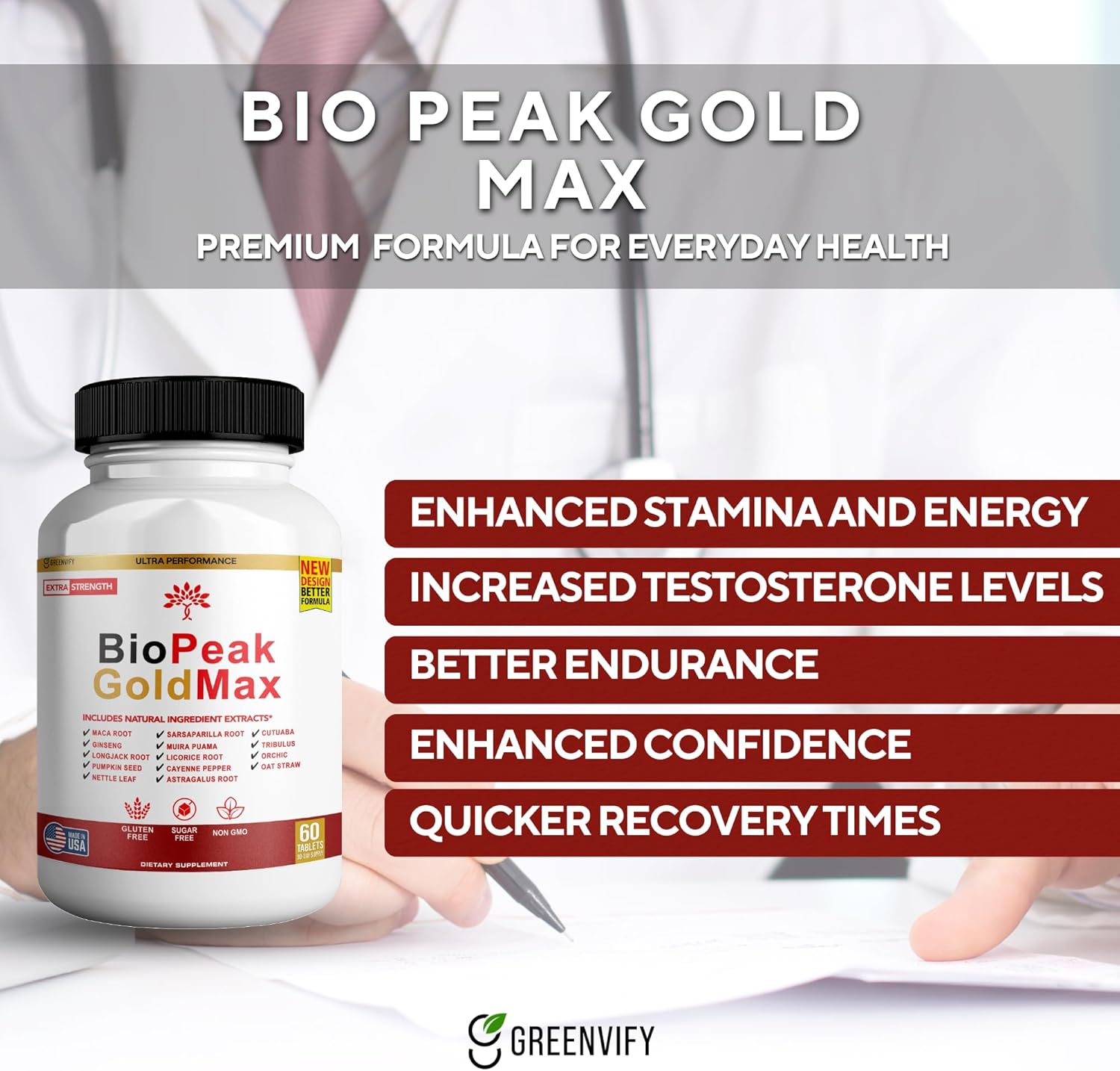 60 Tablet Greenvify BioPeak GoldMax Extra Strength Natural Performance Supplement - Gluten Free, Sugar Free, Non-GMO - Made in USA