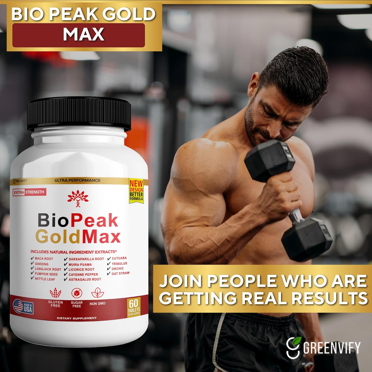 60 Tablet Greenvify BioPeak GoldMax Extra Strength Natural Performance Supplement - Gluten Free, Sugar Free, Non-GMO - Made in USA