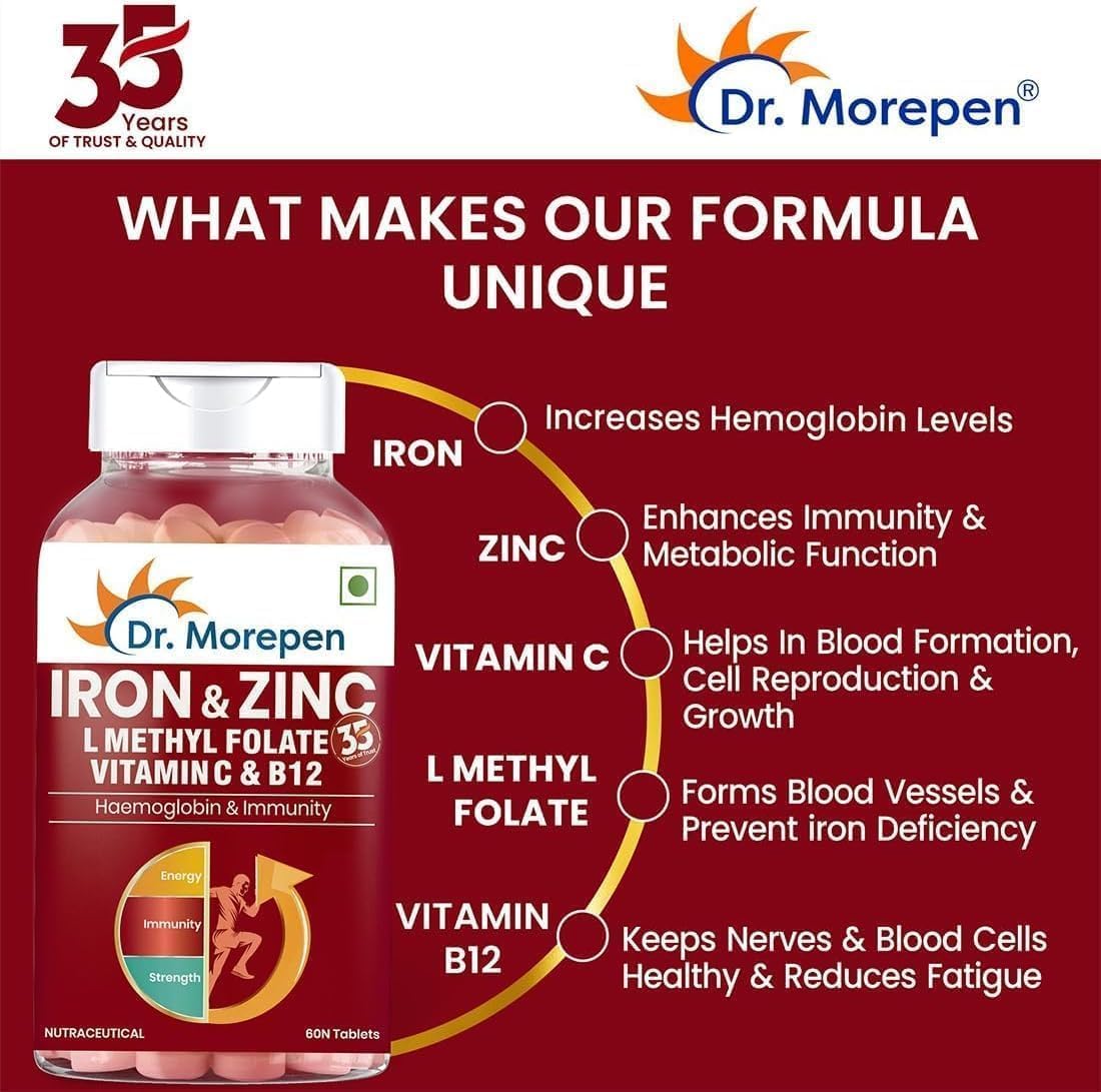 60 Tablets of Immunity & Haemoglobin Boosting Iron, Zinc, Vitamin C, and B12 Supplement for Healthy Iron Levels, Energy, and Respiratory Health