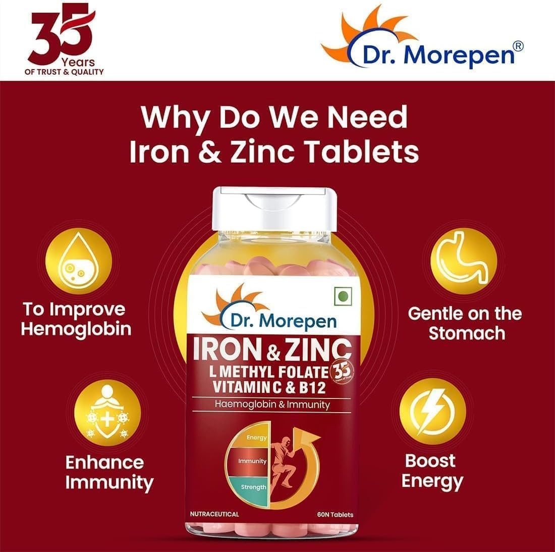 60 Tablets of Immunity & Haemoglobin Boosting Iron, Zinc, Vitamin C, and B12 Supplement for Healthy Iron Levels, Energy, and Respiratory Health