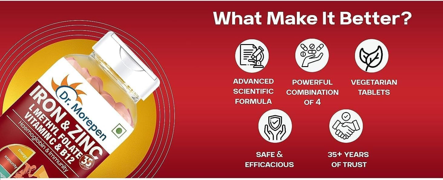 60 Tablets of Immunity & Haemoglobin Boosting Iron, Zinc, Vitamin C, and B12 Supplement for Healthy Iron Levels, Energy, and Respiratory Health