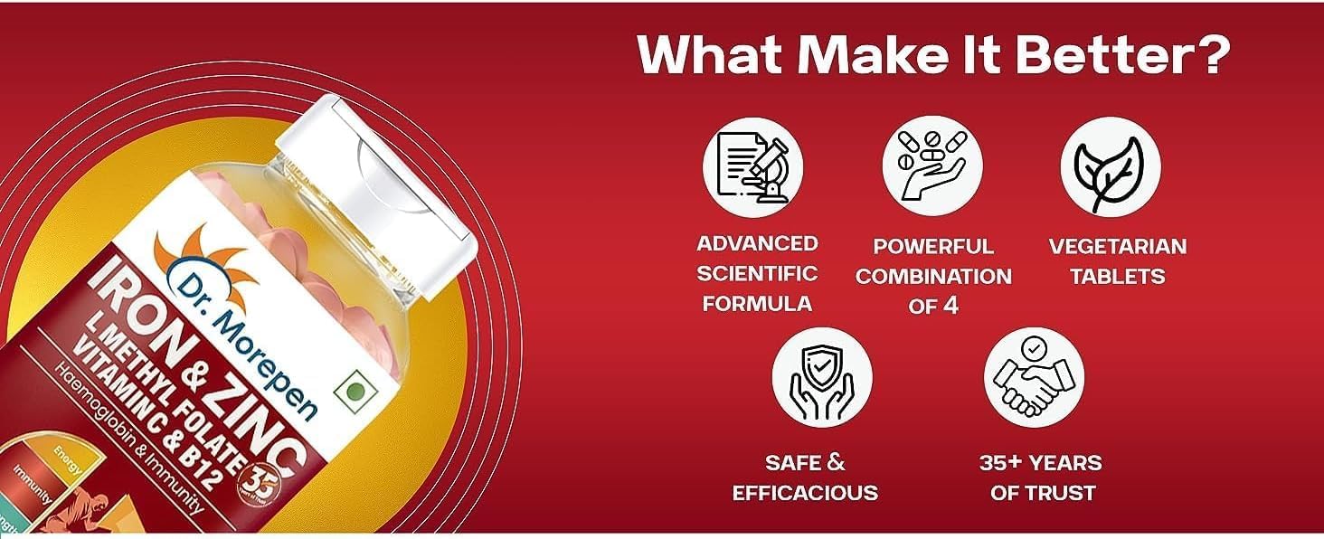 60 Tablets of Immunity & Haemoglobin Boosting Iron, Zinc, Vitamin C, and B12 Supplement for Healthy Iron Levels, Energy, and Respiratory Health
