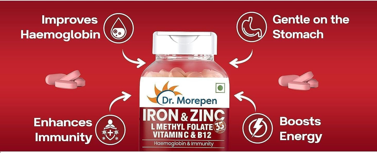 60 Tablets of Immunity & Haemoglobin Boosting Iron, Zinc, Vitamin C, and B12 Supplement for Healthy Iron Levels, Energy, and Respiratory Health