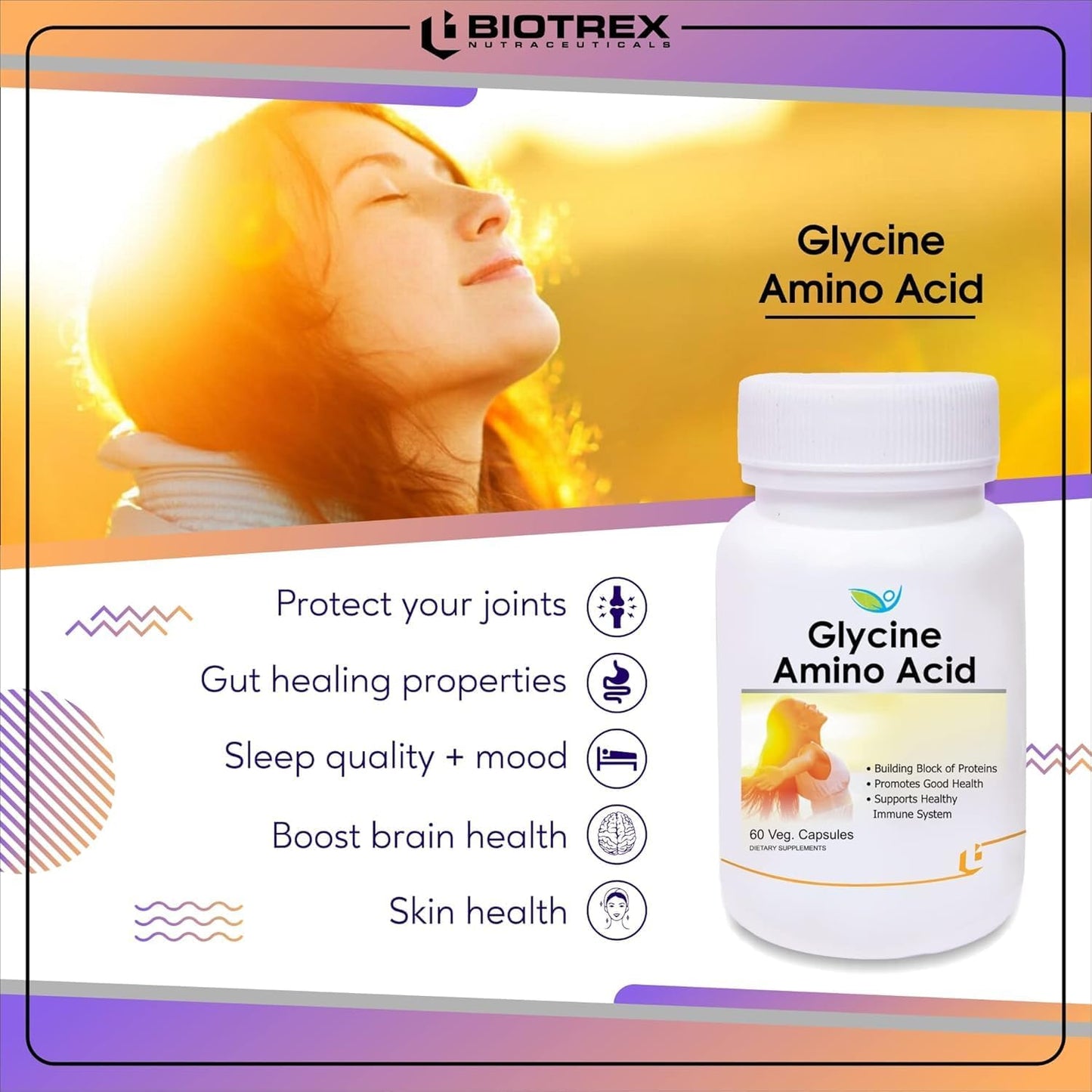 60 Veg Capsules of Generic Nutraceuticals Glycine Amino Acid for Immune Support