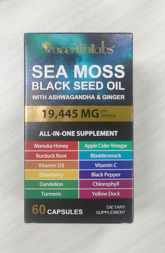 60P Black Seed Oil & Sea Moss Capsules with Ashwagandha Ginger - Immunity, Digestion, Skin, Hair & Energy Boost