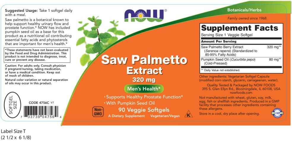 NOW Foods Saw Palmetto Extract 320mg with Pumpkin Seed Oil for Men's Health - 90 Veg Softgels