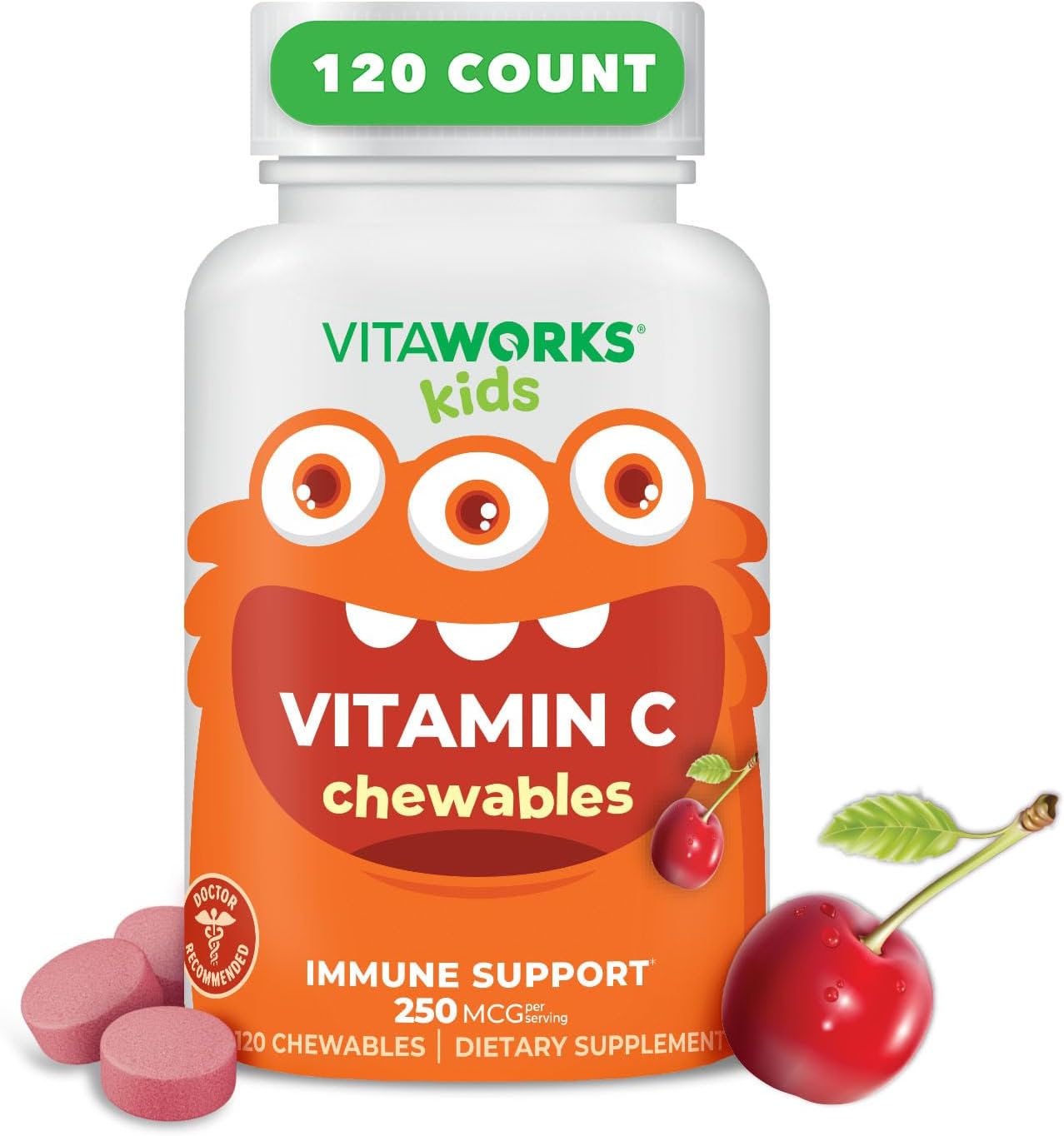 VitaWorks Kids Vitamin C Chewable Tablets 250mg - Natural Cherry Flavor - Vegan, GMO-Free, Gluten Free - Immune Support - 120 Chewables - Espot.com.au