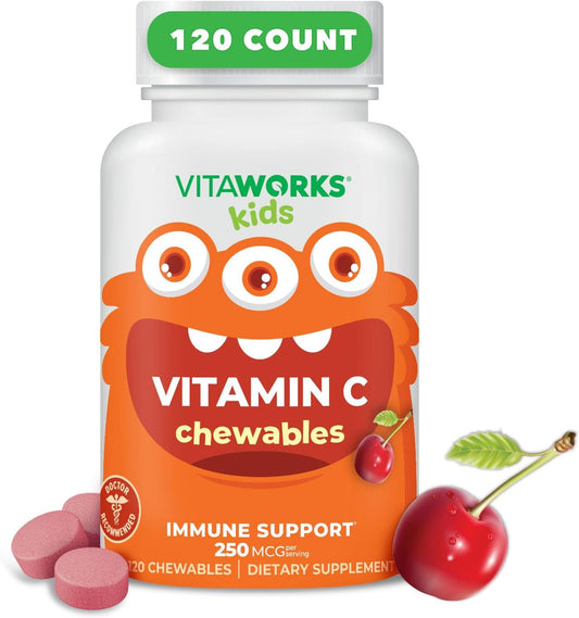 VitaWorks Kids Vitamin C Chewable Tablets 250mg - Natural Cherry Flavor - Vegan, GMO-Free, Gluten Free - Immune Support - 120 Chewables - Espot.com.au