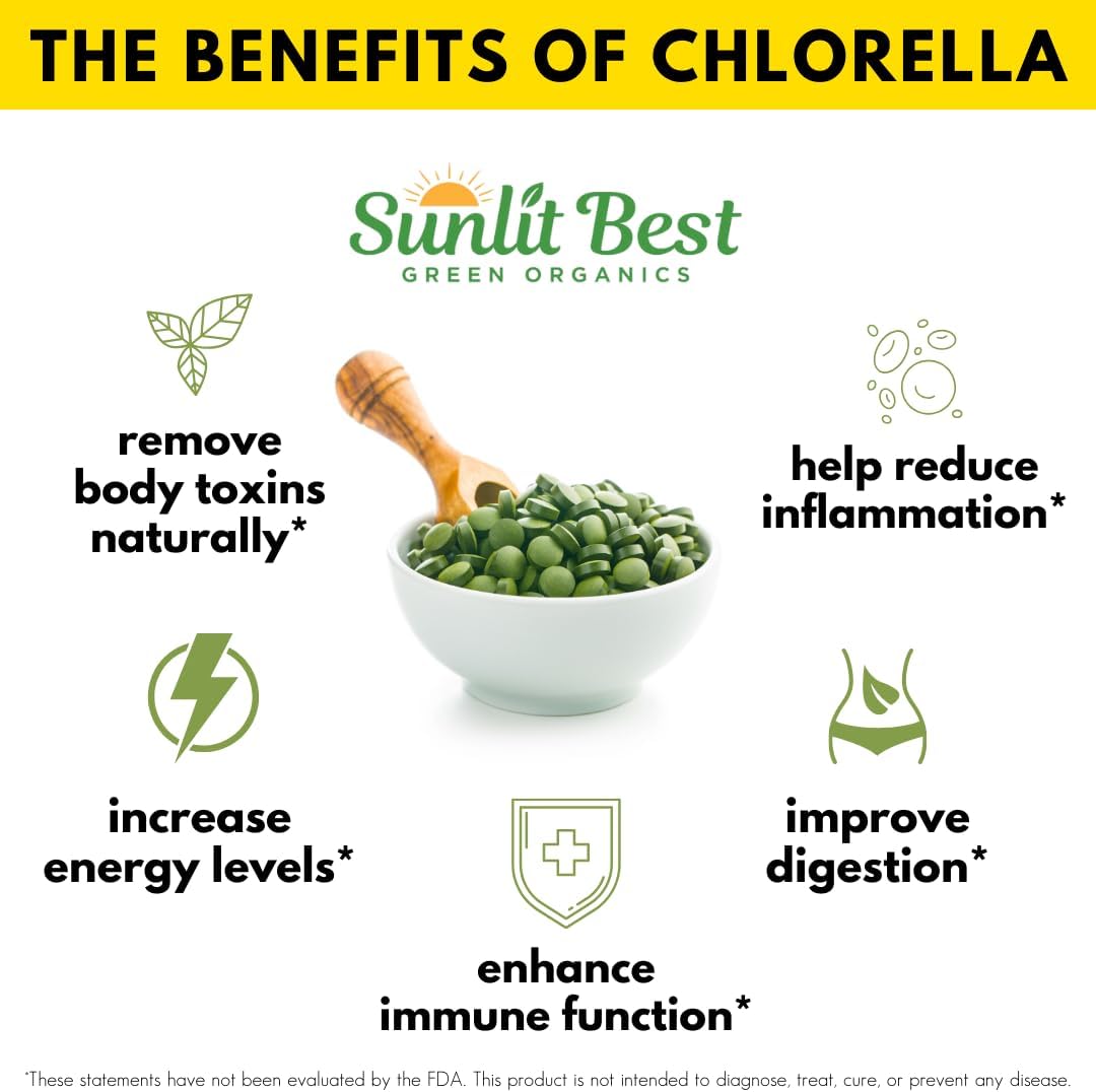 5-pack-sunlit-best-green-organics-chlorella-tablets---1000-tablets-cracked-cell-raw-non-gmo---high-protein-chlorophyll-nucleic-acids---pure-chlorella-pyrensoidosa---green-superfood---no-preservatives-or-fillers-4