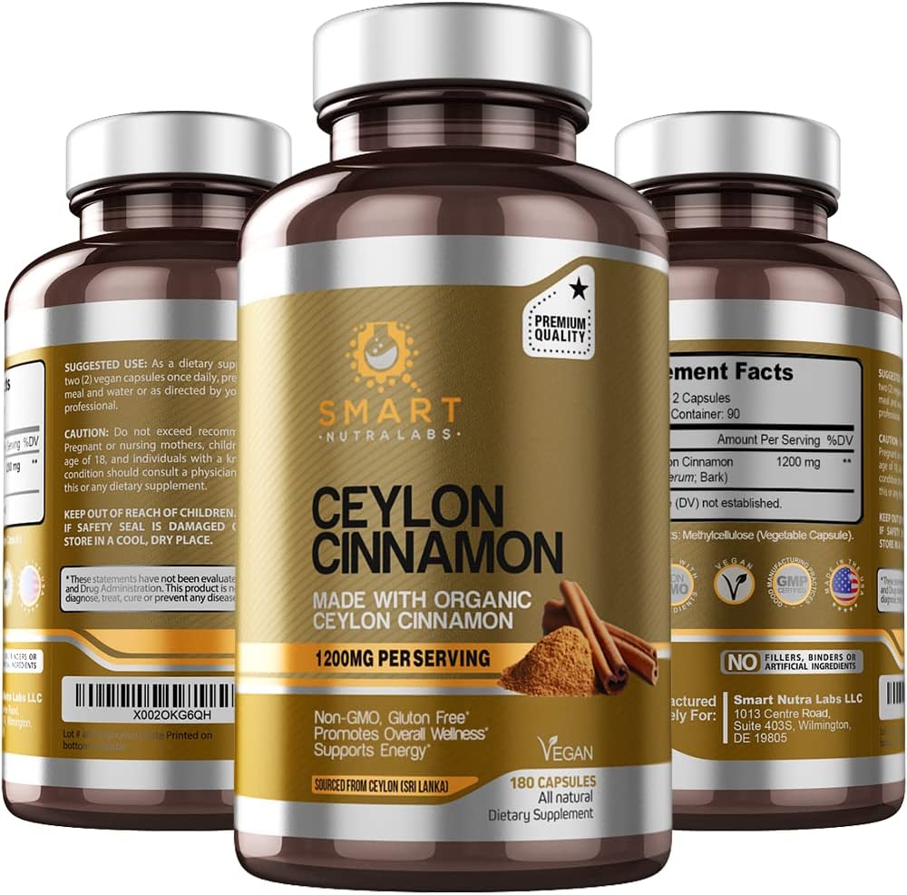 Organic Ceylon Cinnamon Supplement - 1200mg per Serving, 180 Vegan Capsules - 100% Pure True Ceylon Cinnamon - Smart Nutra Labs - Espot.com.au