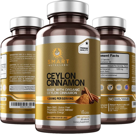 Organic Ceylon Cinnamon Supplement - 1200mg per Serving, 180 Vegan Capsules - 100% Pure True Ceylon Cinnamon - Smart Nutra Labs - Espot.com.au