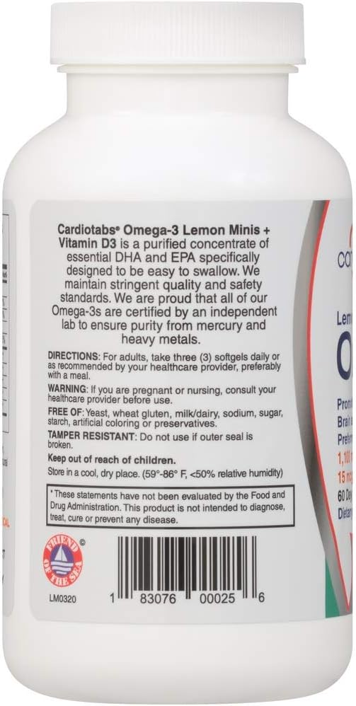 CardioTabs Omega-3 Lemon Minis with Vitamin D3 - 1,100mg Omega-3 & 600 IU Vitamin D3 Softgels - 180 Count - Easy-to-Swallow Lemon-Flavored Supplement - Espot.com.au