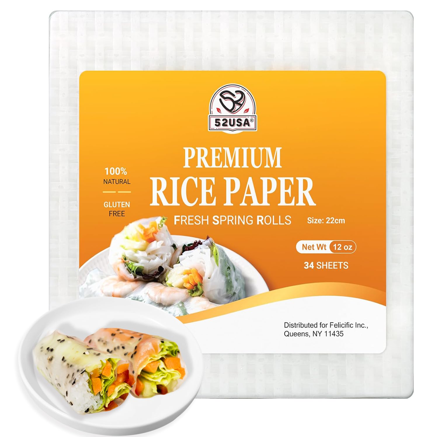 52USA Square Rice Paper Wrappers - 1 Pack of 34 Sheets, 12 oz, Gluten-Free Wonton Wrappers for Fresh Spring Rolls & Dumplings - Vegan & Low Carb Vietnamese Rice Wraps - White (22cm) - Espot.com.au