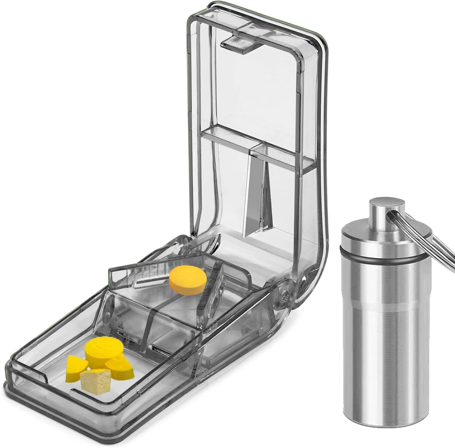 johnbee-pill-cutter-with-shield-keychain-holder---best-for-smalllarge-pills-vitamins---usa-designed-splitter-gray-1