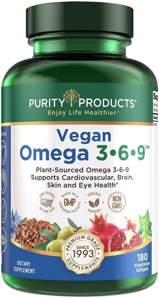Plant-Based Omega 3 6 9 Essential Fatty Acids - Vegan Formula - 180 Softgels - 3 Month Supply - Purity Products Omega 3-6-9 Complex - Espot.com.au