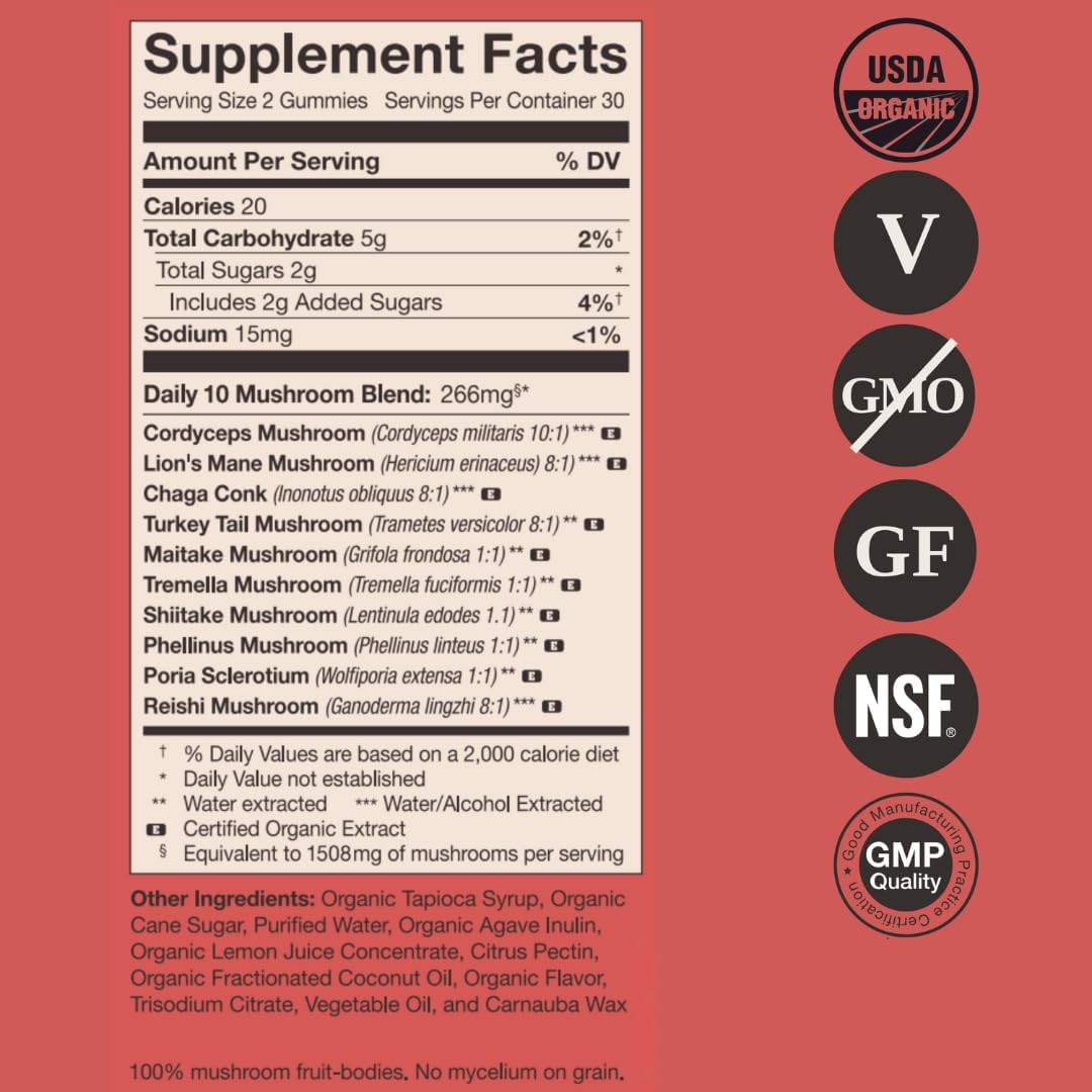 Organic Mushroom Revival Daily Gummies - 10 Mushroom Mix, 2.12oz, Non-GMO, Vegan, Gluten-Free, Keto, Dairy-Free - Espot.com.au