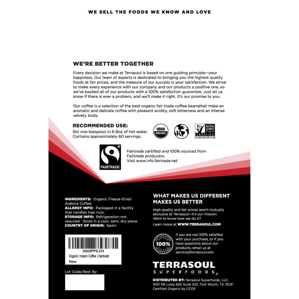 Terrasoul Superfoods Organic Freeze-Dried Instant Coffee - 3.5 oz - Fairtrade Arabica Beans - Medium Roast with Fresh Taste - Espot.com.au