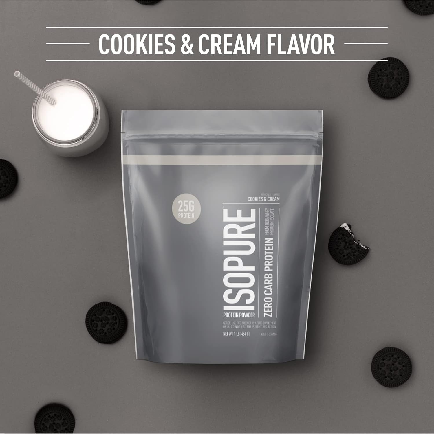 Isopure Zero Carb Whey Isolate Protein Powder - Cookies & Cream Flavor, 25g Protein, Lactose & Gluten Free, Fortified with Vitamins - 1 Lb, 15 Servings - Espot.com.au
