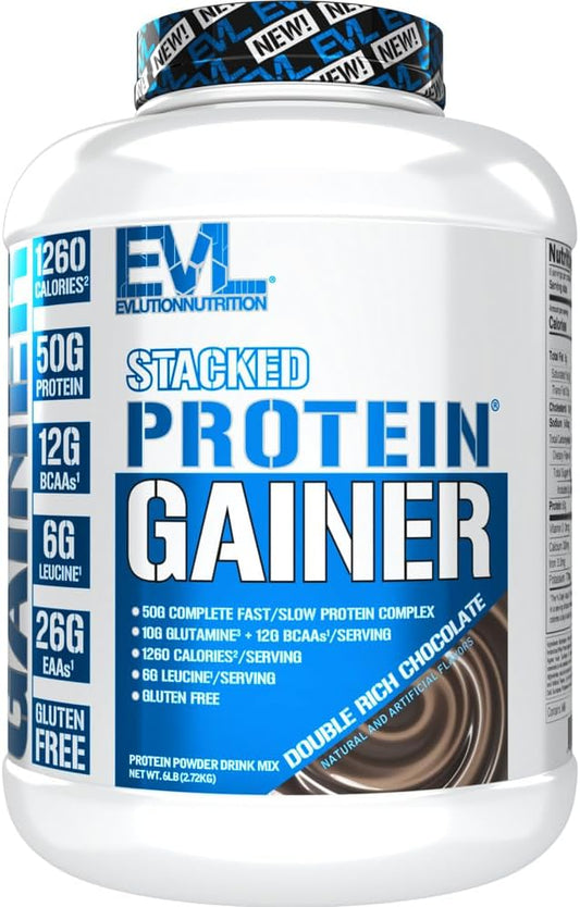 evlution-nutrition-stacked-protein-gainer---double-rich-chocolate-6-lb---50g-whey-protein-251g-carbs---muscle-building-recovery-post-workout---gluten-free-1