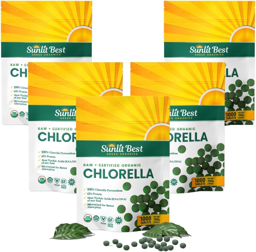 5-pack-sunlit-best-green-organics-chlorella-tablets---1000-tablets-cracked-cell-raw-non-gmo---high-protein-chlorophyll-nucleic-acids---pure-chlorella-pyrensoidosa---green-superfood---no-preservatives-or-fillers-1