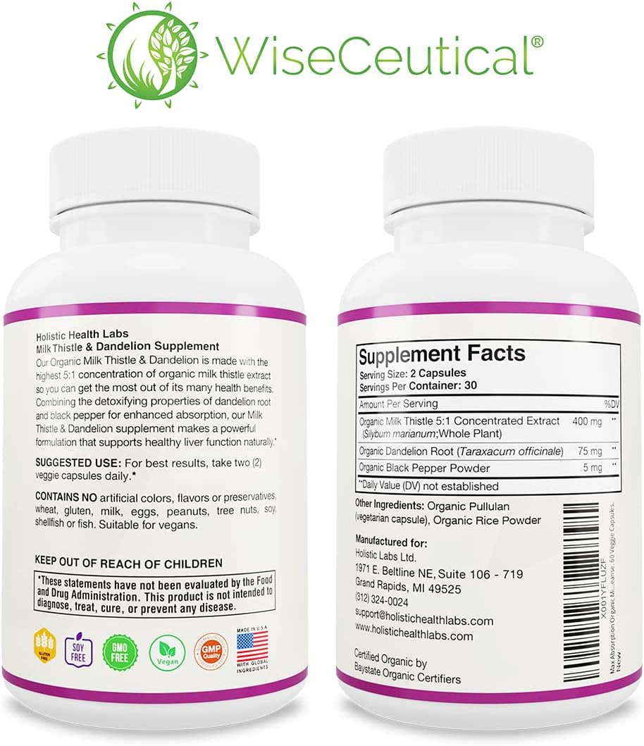 Organic Milk Thistle & Dandelion Root Liver Support Supplement - 2000mg Strength, High Absorption Formula with Silymarin Antioxidant Flavonoid - USDA Certified - 60 Count Pack - Espot.com.au