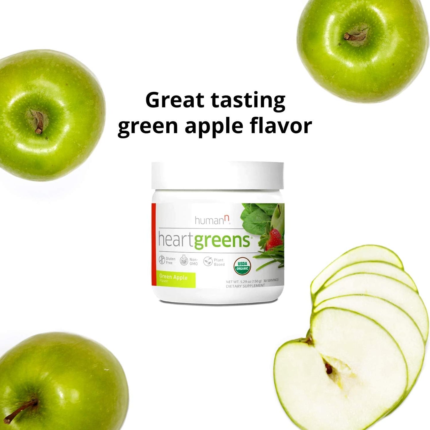 Organic HeartGreens Superfood Powder with Wheatgrass, Kale, Spinach, and Spirulina - USDA Organic Non-GMO, Green Apple Flavor - 5.29oz by humanN - Espot.com.au