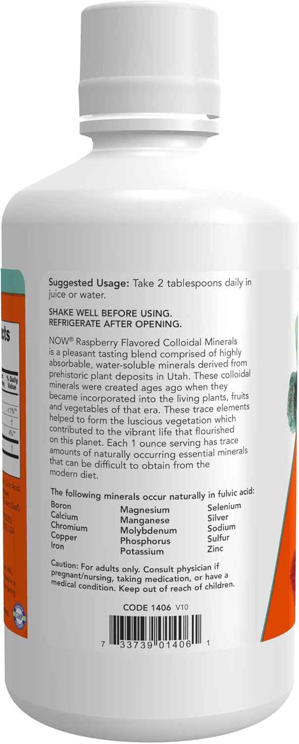NOW Foods Colloidal Minerals Liquid Supplement, Raspberry Flavor, 32-Ounce - Plant Derived Essential Trace Minerals for Overall Health and Wellness