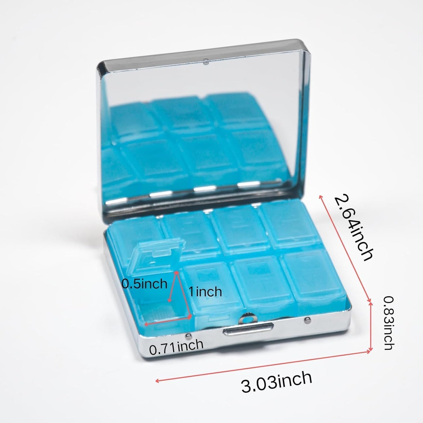 7-day-chrome-silver-pill-organizer-with-mirror---travel-size-apothecary-pill-case---8-compartments---rectangle-design-5