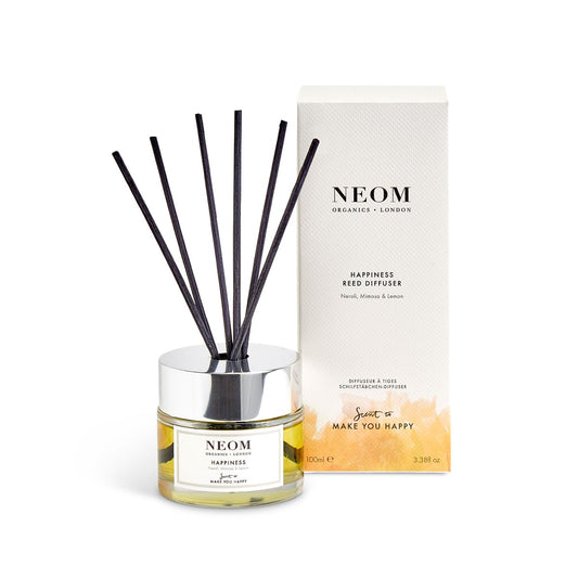 NEOM Happiness Reed Diffuser - 3.38fl oz | Uplifting Neroli, Mimosa & Lemon Essential Oil Blend | 100% Natural Fragrance | Scent to Boost Your Mood - Espot.com.au