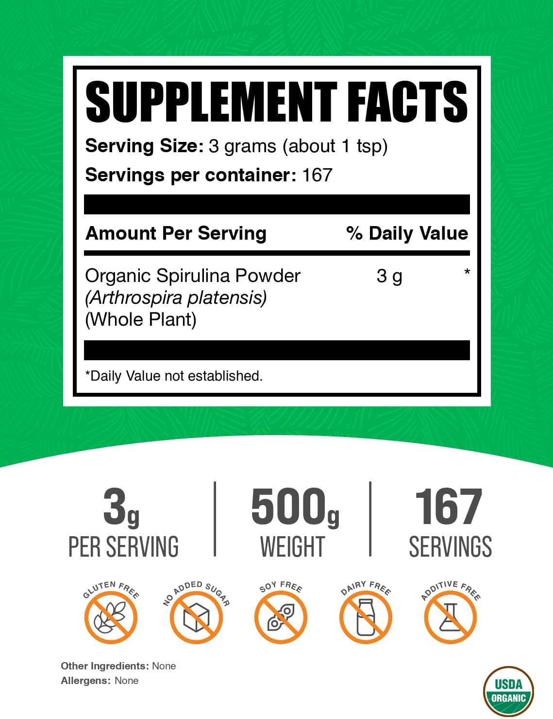 Organic Spirulina Powder - Superfood Green Powder, 3000mg per Serving, Vegan-Friendly - 500g (1.1 lbs) - BulkSupplements - Espot.com.au