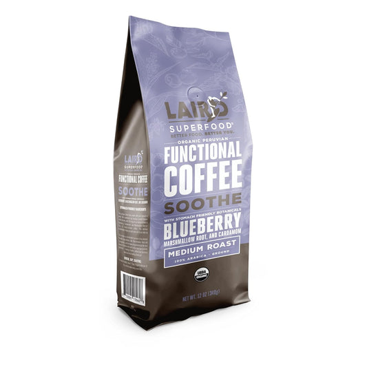 Organic Medium Roast Caffeinated Soothe Coffee with Stomach-Friendly Ingredients - 12 oz Bag - Marshmallow Root, Cardamom, Blueberry Powder - Laird Superfood - Espot.com.au