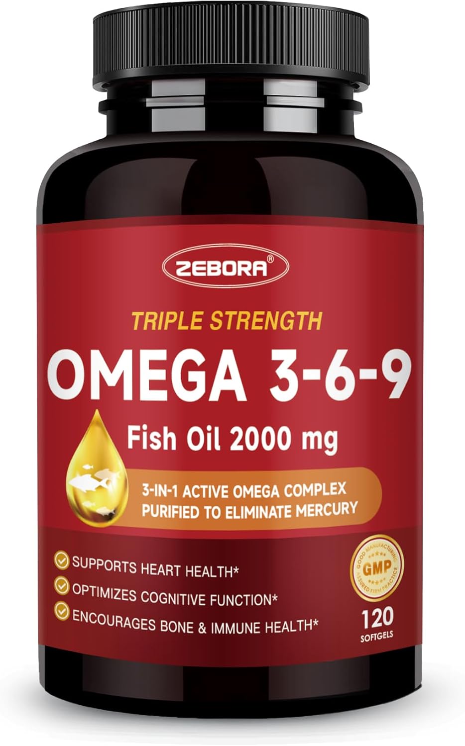 High Potency ZEBORA Triple Omega 3-6-9 Fish Oil 2000mg with Vitamin D3 & Astaxanthin - Supports Heart, Brain, and Immune Health - Includes Flaxseed & Borage - 60 Servings - Espot.com.au