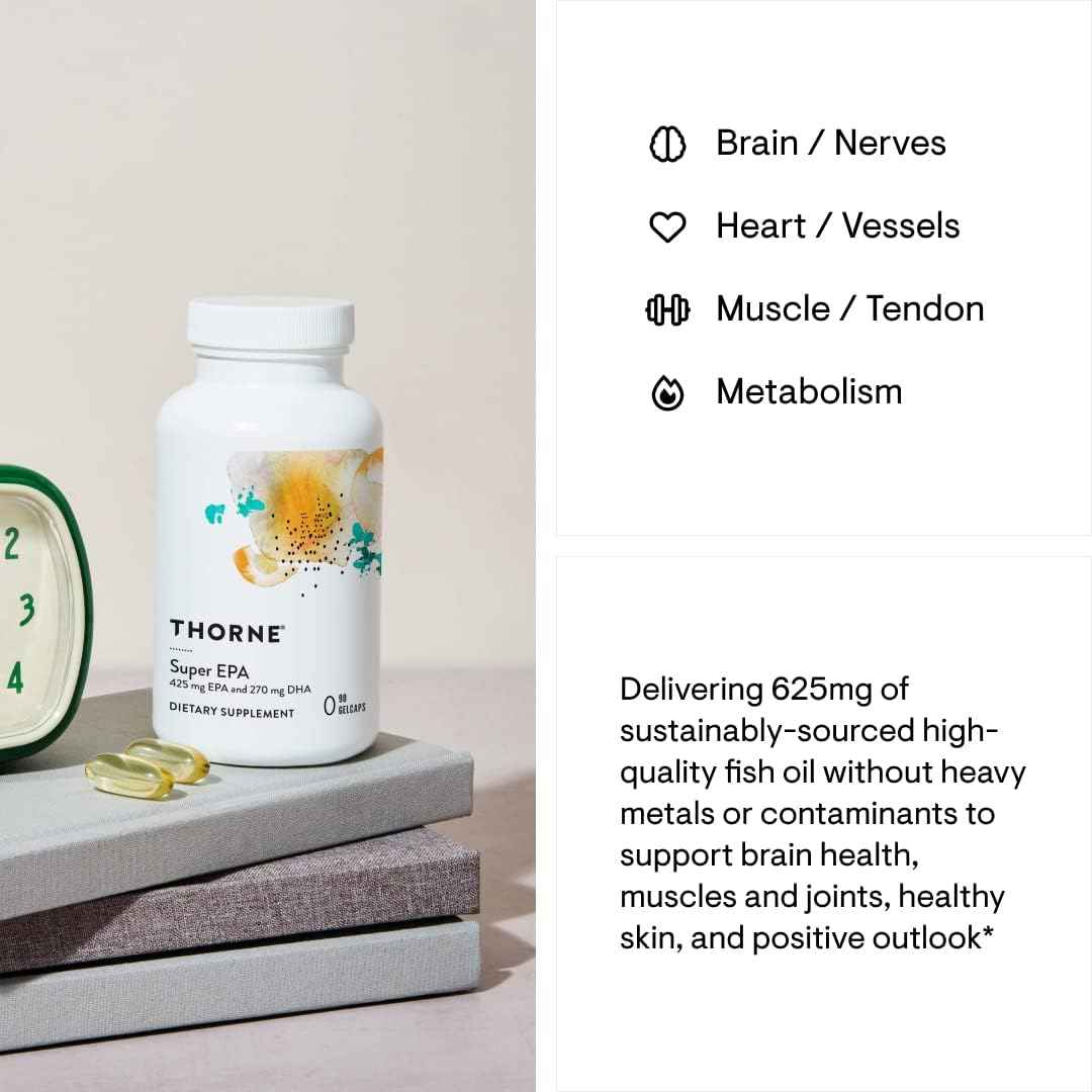 THORNE Super EPA Omega-3 Fish Oil Supplement - 425mg EPA & 270mg DHA - Brain, Heart, Joint, Skin Support - 90 Gelcaps, Gluten-Free