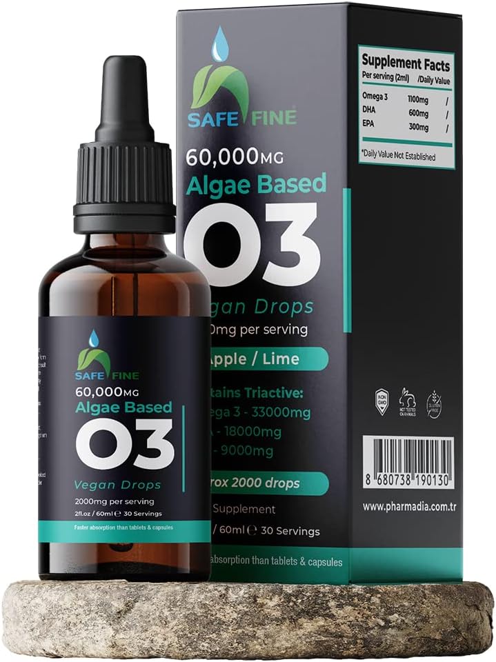 Omega-3 Algae Oil Liquid Drops - 2000mg DHA & EPA - 60ml Bottle - Heart, Brain, Eye, Joint Health - Vegan Supplement - Espot.com.au
