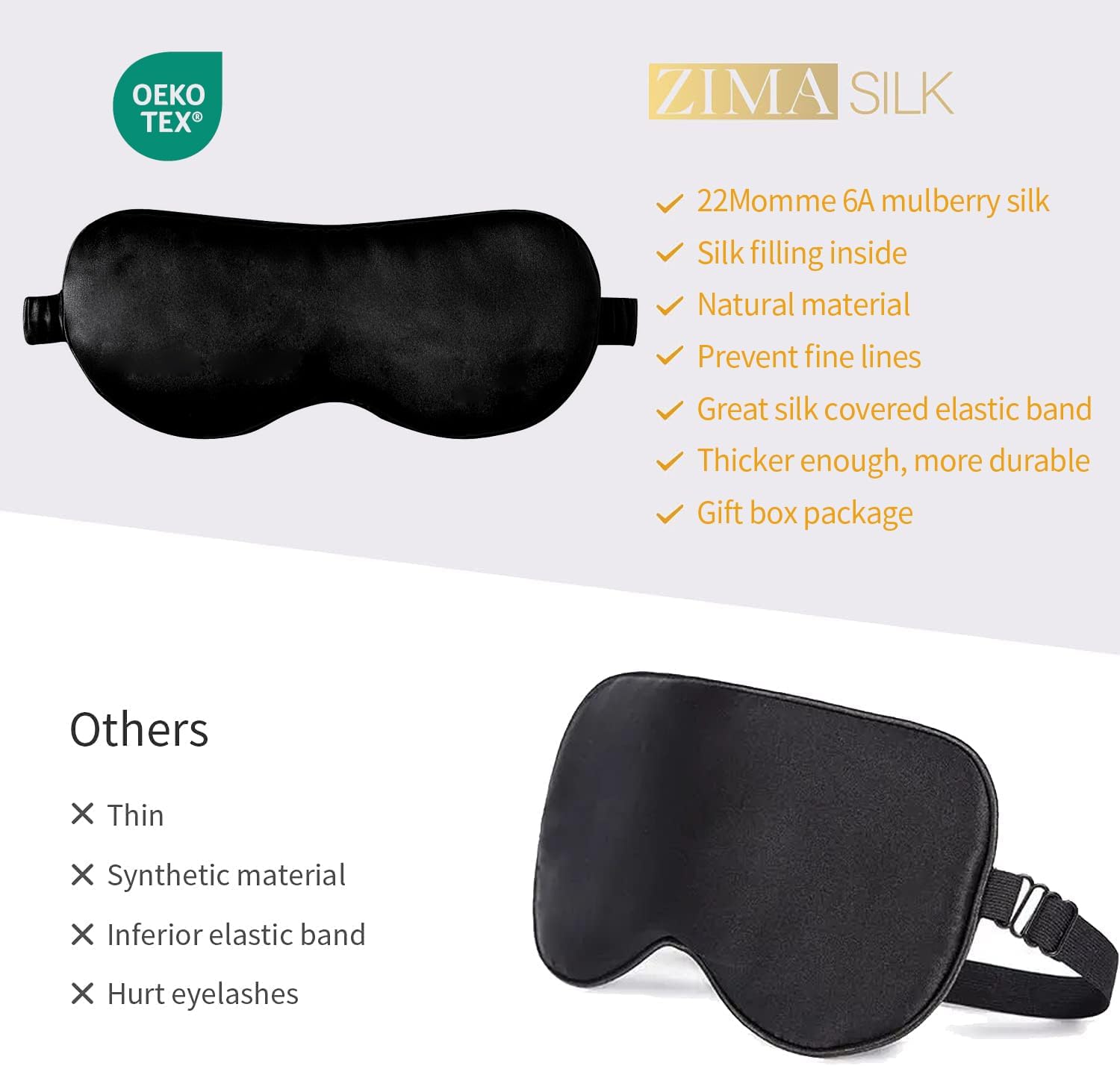 Adjustable 100% Mulberry Silk Sleep Mask - Soft & Breathable Blackout Eye Mask for Sleeping - Premium Filled with Silk - Black - Espot.com.au
