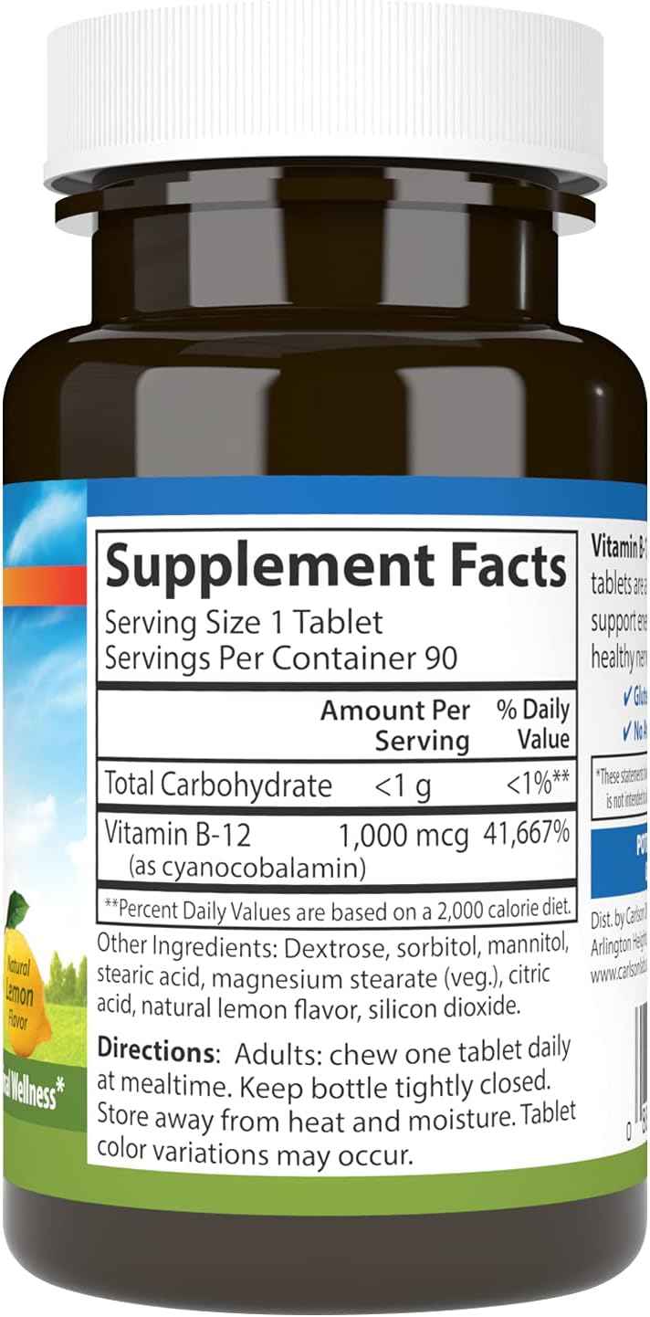 Carlson Chewable B-12 1000 mcg Tablets for Energy & Nerve Function, Lemon Flavored, 90 Count - Supports Optimal Wellness