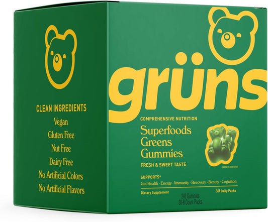 Organic Super Greens Gummy Bears with Spirulina & Chlorella - Digestive Health Support with Prebiotics, 30 Sachets of 240 Gummies, 20+ Vitamins & Minerals - Espot.com.au