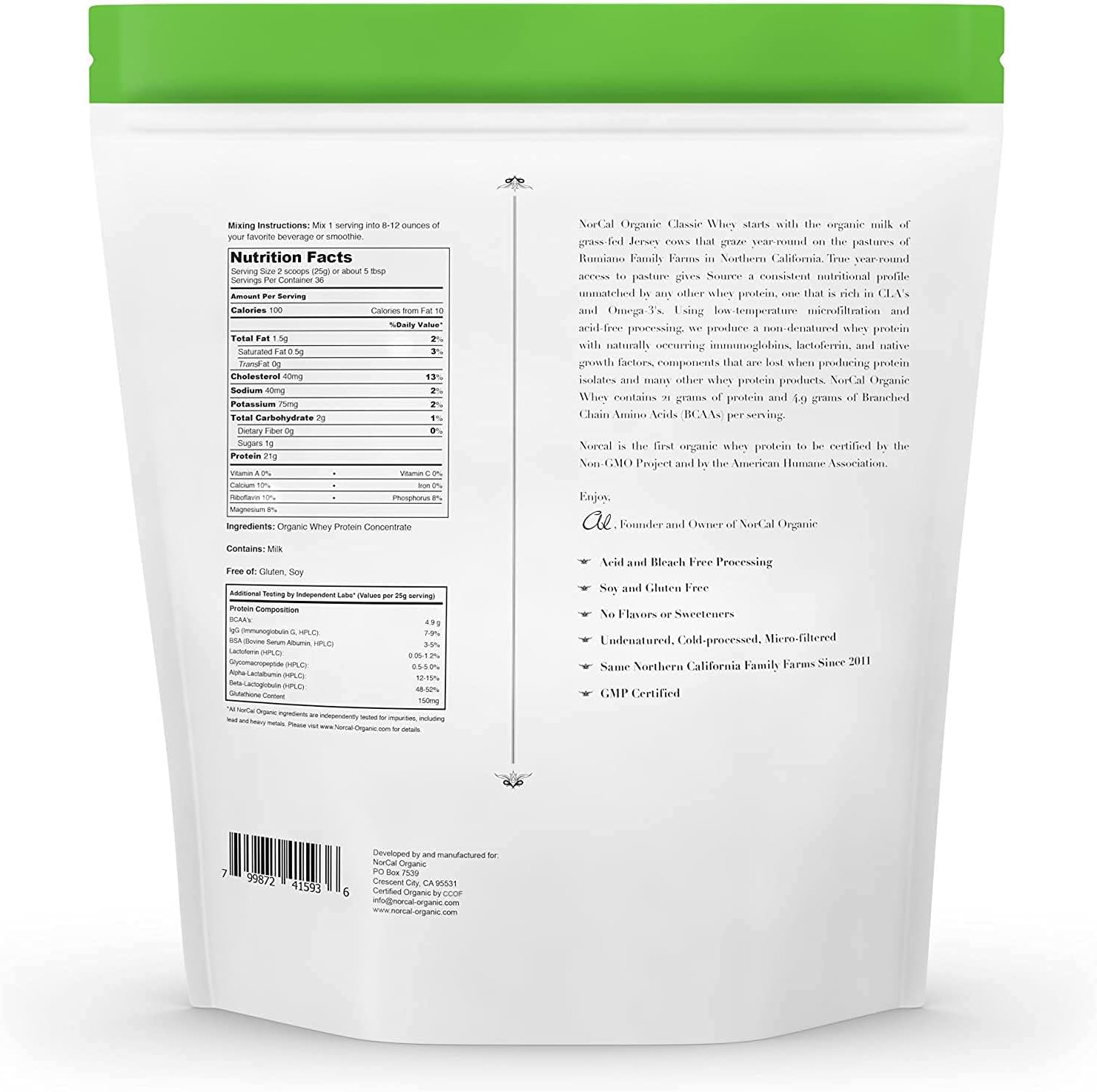 NorCal Organic Grass-Fed Classic Whey Protein Powder - Unflavored - Lecithin-Free - 2lb Bulk Size - Espot.com.au