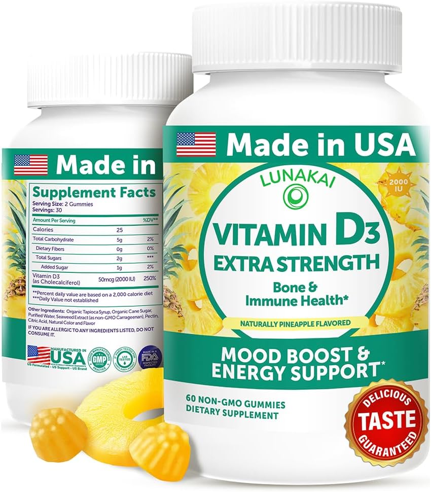Lunakai Vitamin D3 Gummies 2000 IU - Made in USA, Non-GMO & Gluten-Free - Bone, Immune & Energy Support for Women & Men - 60ct - Espot.com.au