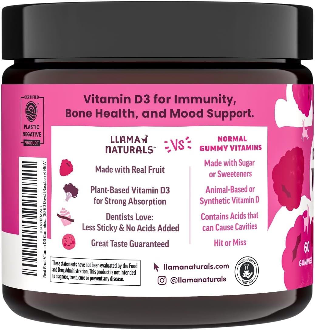 organic-raspberry-vitamin-d3-gummies-for-kids-adults---vegan-no-added-sugar-200-dv-each---120-count---llama-naturals-3