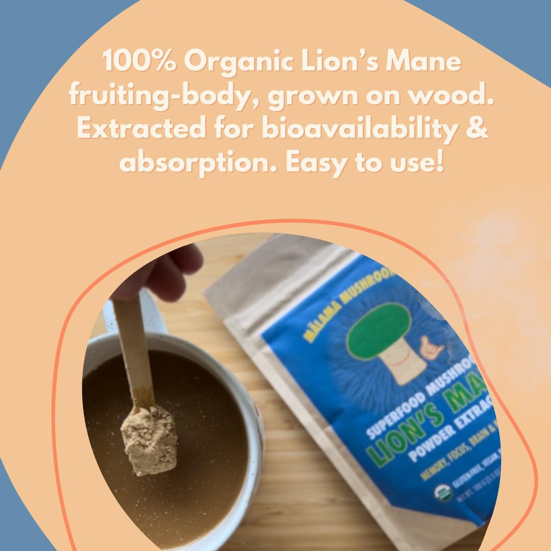 Organic Lion's Mane Mushroom Extract Powder by Malama - Superfood for Memory, Focus, Brain, and Nerves - Fruiting Body Lions Mane Powder - Supports Cognitive Health - Espot.com.au