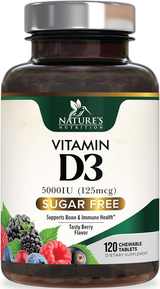 Chewable Vitamin D3 5000 IU Supplements for Bone, Teeth, Muscle & Immune Support - Sugar Free, Non-GMO, Gluten Free - 120 Tablets - Espot.com.au