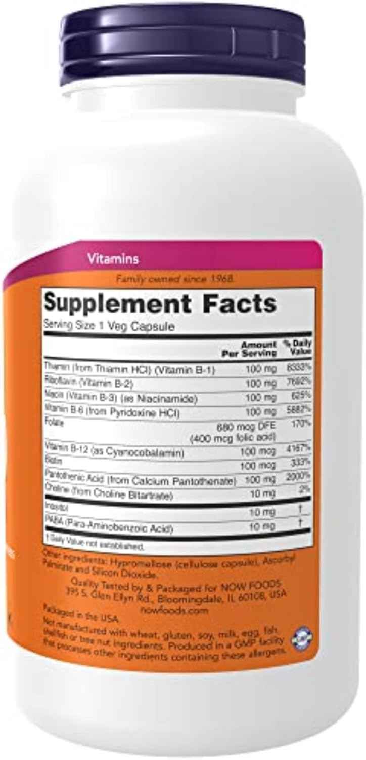 NOW Foods Vitamin B-100 Supplements for Energy and Nervous System Health - 250 Veg Capsules
