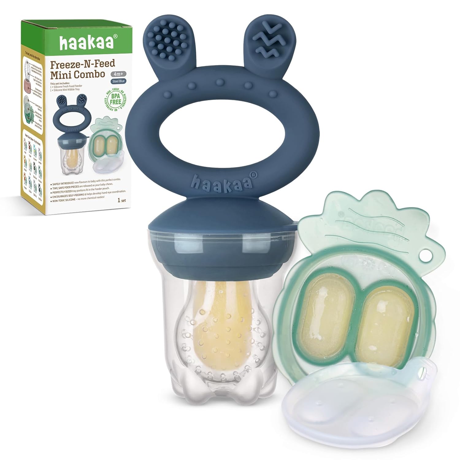 haakaa-baby-food-feeder-freezer-tray-combo---silicone-popsicle-molds-for-cooling-relief---bpa-free-self-feeding-set-for-infants-4-months-and-up---steel-blue-color-1